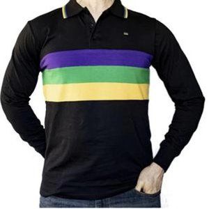 Mardi Gras Adult Black Long Sleeve Polo Shirt With Purple Green and Gold Stripes